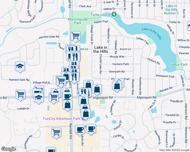 map of restaurants, bars, coffee shops, grocery stores, and more near 107 Village Creek Drive in Lake in the Hills