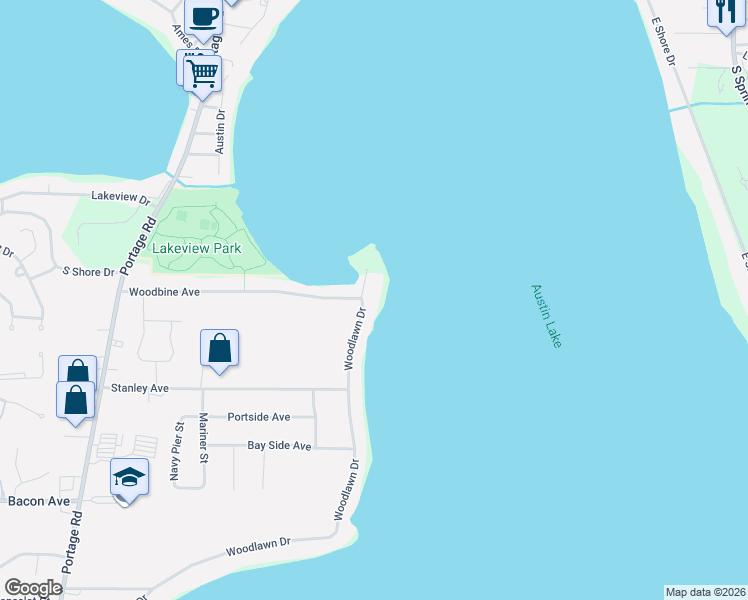 map of restaurants, bars, coffee shops, grocery stores, and more near 9525 Woodlawn Drive in Portage