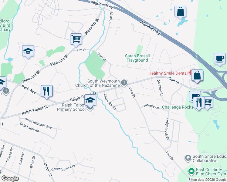 map of restaurants, bars, coffee shops, grocery stores, and more near 355 Ralph Talbot Street in Weymouth