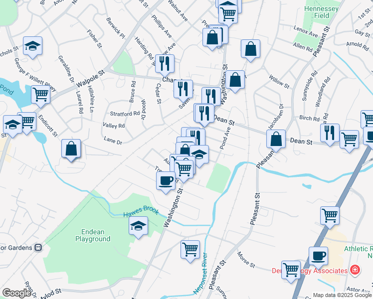 map of restaurants, bars, coffee shops, grocery stores, and more near 15 Weld Avenue in Norwood