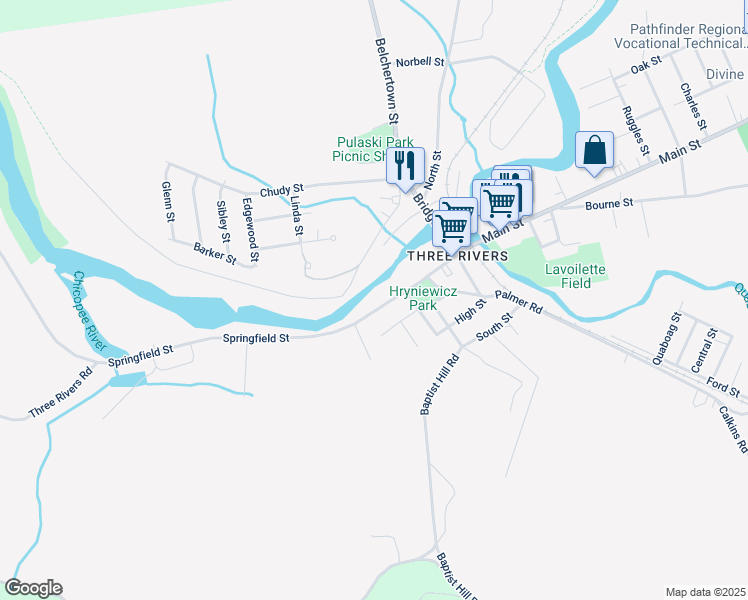 map of restaurants, bars, coffee shops, grocery stores, and more near 50 Springfield Street in Palmer