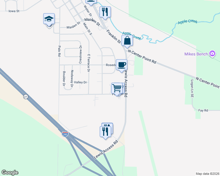map of restaurants, bars, coffee shops, grocery stores, and more near 701 Ford Lane in Center Point