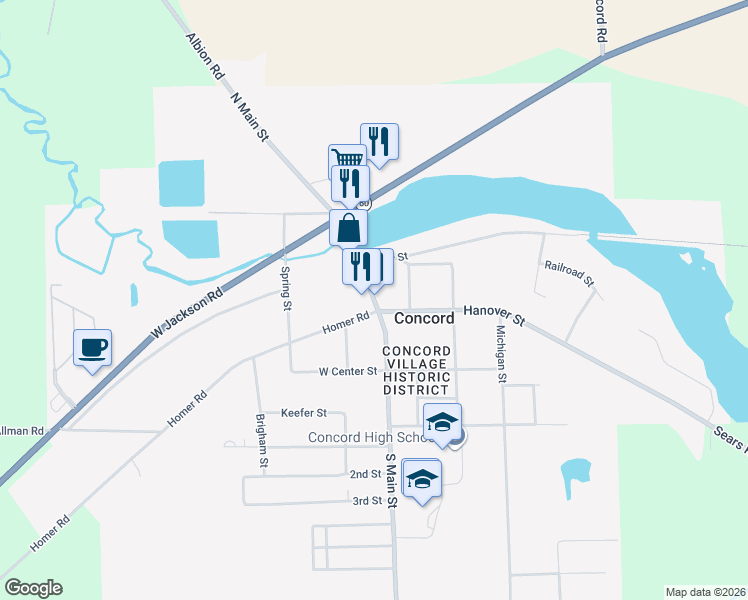 map of restaurants, bars, coffee shops, grocery stores, and more near 115 N Main St in Concord