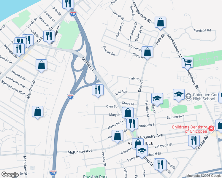 map of restaurants, bars, coffee shops, grocery stores, and more near 23 Dartmouth Street in Chicopee