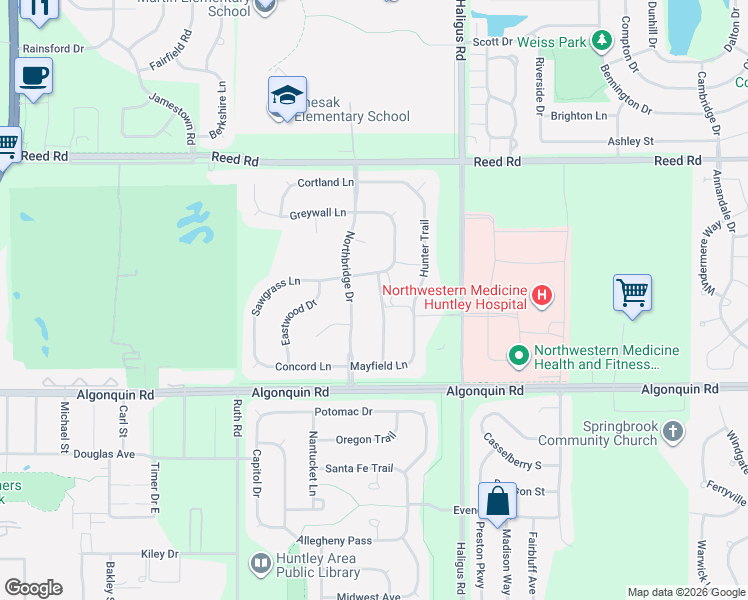 map of restaurants, bars, coffee shops, grocery stores, and more near 10395 Aldridge Drive in Huntley