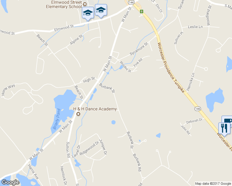 map of restaurants, bars, coffee shops, grocery stores, and more near 27 Burbank Street in Millbury