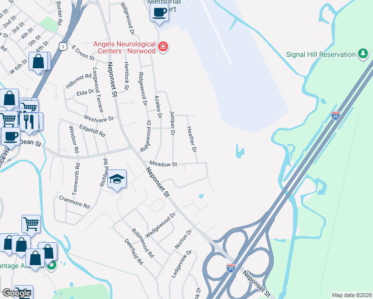map of restaurants, bars, coffee shops, grocery stores, and more near 33 Heather Dr in Norwood