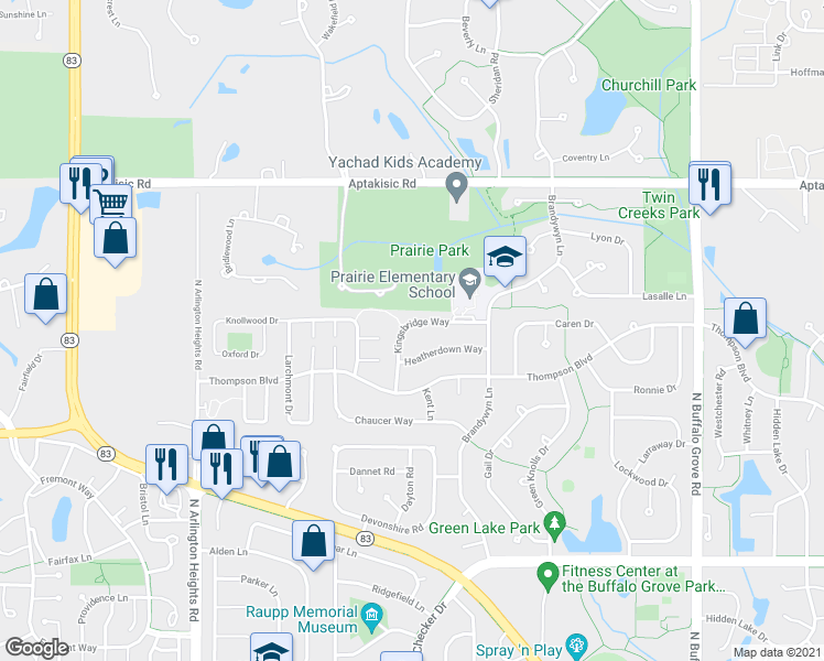map of restaurants, bars, coffee shops, grocery stores, and more near 810 Kingsbridge Way in Buffalo Grove