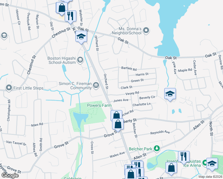 map of restaurants, bars, coffee shops, grocery stores, and more near 13 Clark Street in Randolph