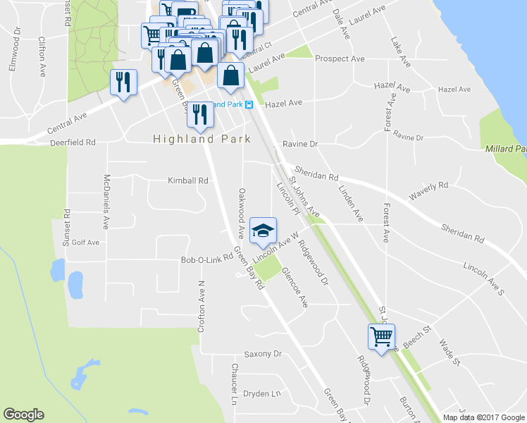 map of restaurants, bars, coffee shops, grocery stores, and more near 1424 Glencoe Avenue in Highland Park