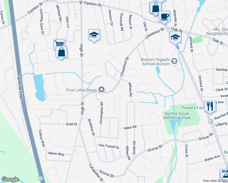 map of restaurants, bars, coffee shops, grocery stores, and more near 246 Chestnut Street in Randolph