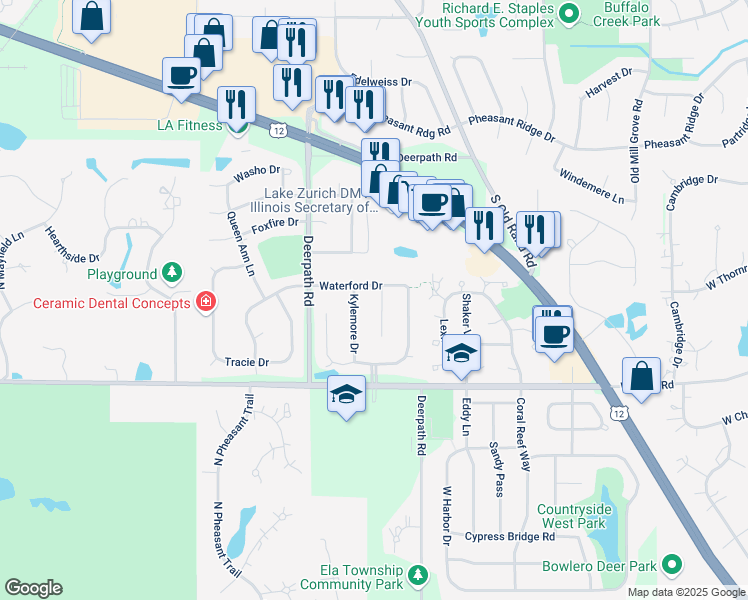 map of restaurants, bars, coffee shops, grocery stores, and more near 1170 Lismore Court in Lake Zurich