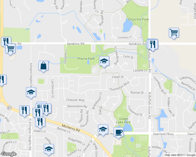 map of restaurants, bars, coffee shops, grocery stores, and more near 710 Kingsbridge Way in Buffalo Grove