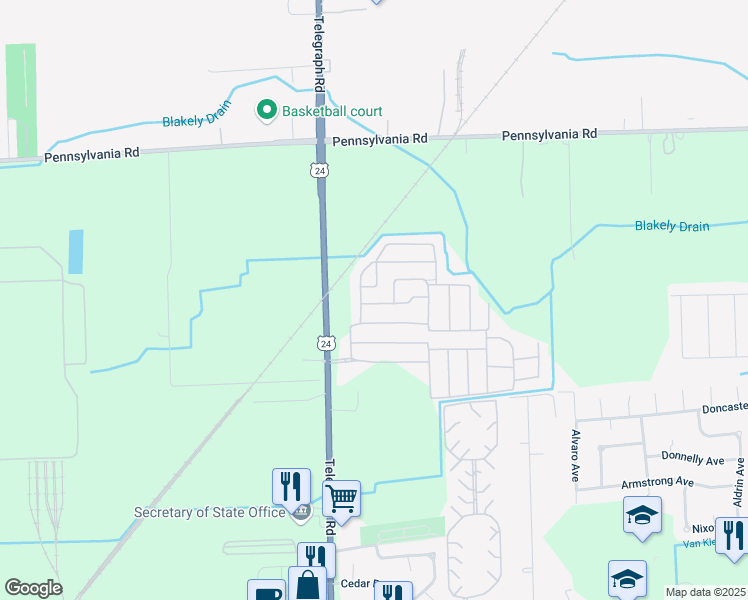 map of restaurants, bars, coffee shops, grocery stores, and more near 23848 Maple Lane in Brownstown Charter Township