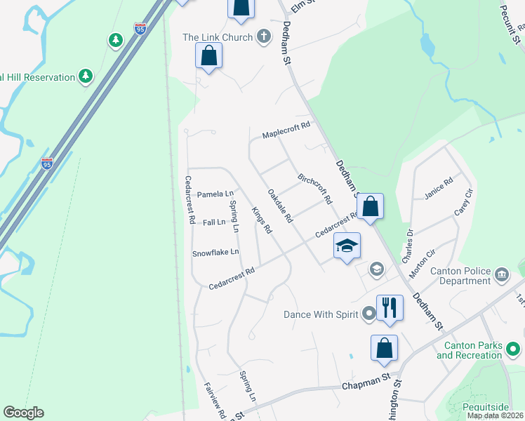 map of restaurants, bars, coffee shops, grocery stores, and more near 24 Kings Road in Canton