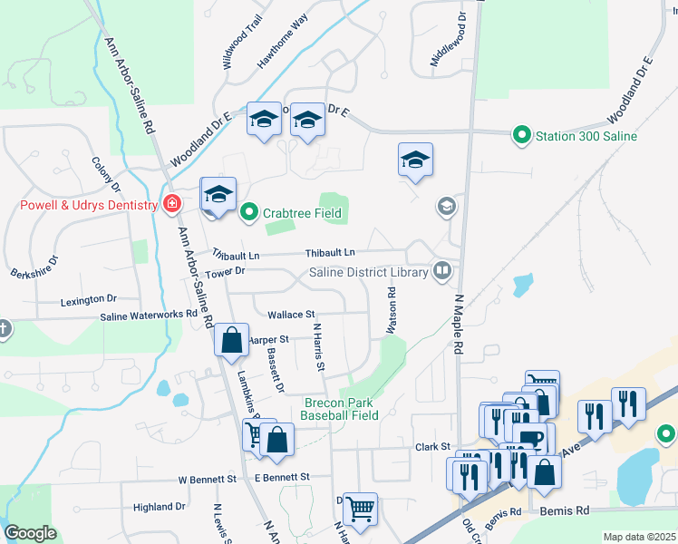 map of restaurants, bars, coffee shops, grocery stores, and more near 256 Nichols Drive in Saline