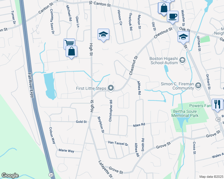map of restaurants, bars, coffee shops, grocery stores, and more near 301 Chestnut Street in Randolph