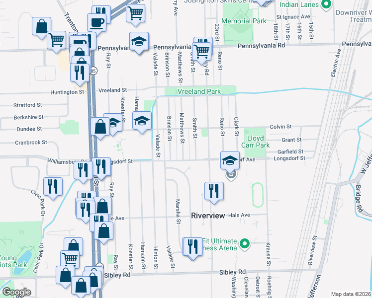 map of restaurants, bars, coffee shops, grocery stores, and more near 17789 Matthews Street in Riverview