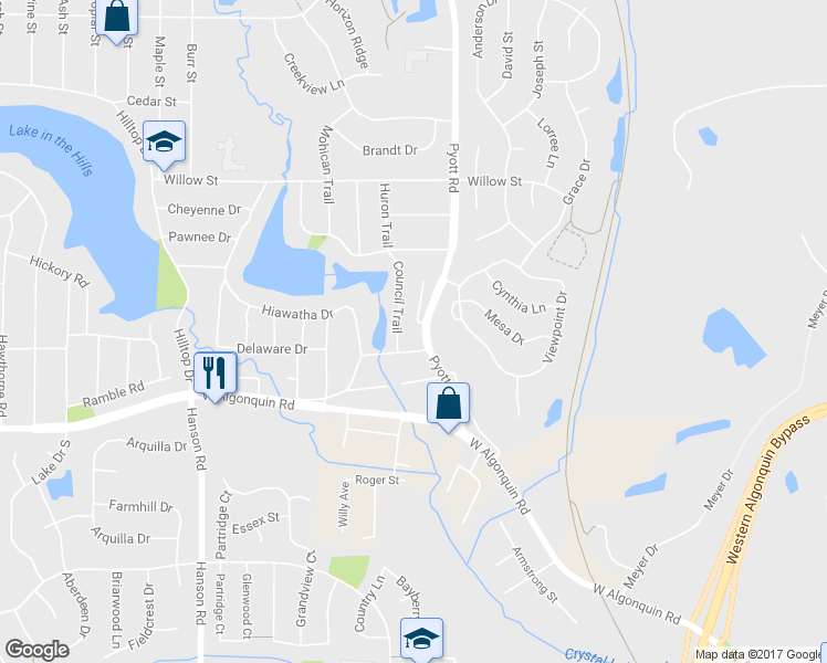 map of restaurants, bars, coffee shops, grocery stores, and more near 305 Pyott Road in Lake in the Hills