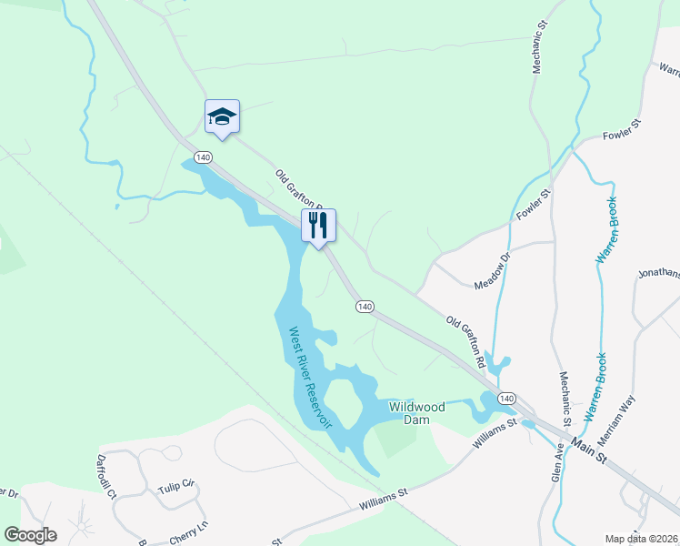 map of restaurants, bars, coffee shops, grocery stores, and more near 72 West Main Street in Upton
