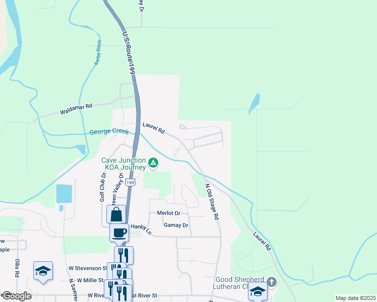 map of restaurants, bars, coffee shops, grocery stores, and more near 495 Laurel Rd in Cave Junction