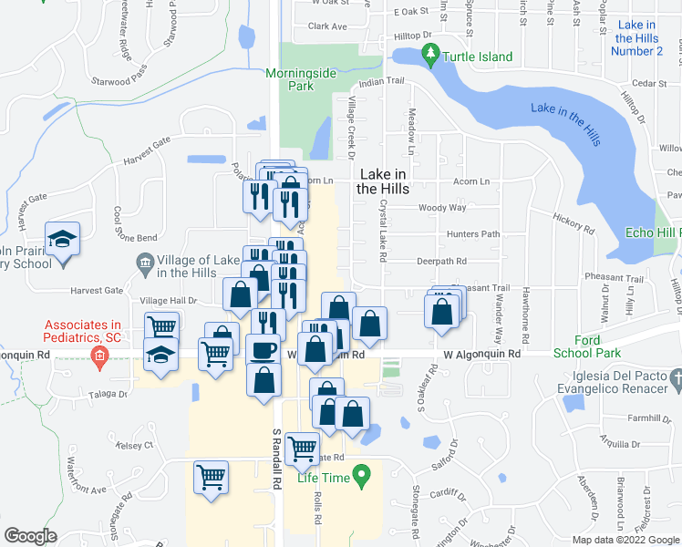 map of restaurants, bars, coffee shops, grocery stores, and more near 107 Village Creek Drive in Lake in the Hills