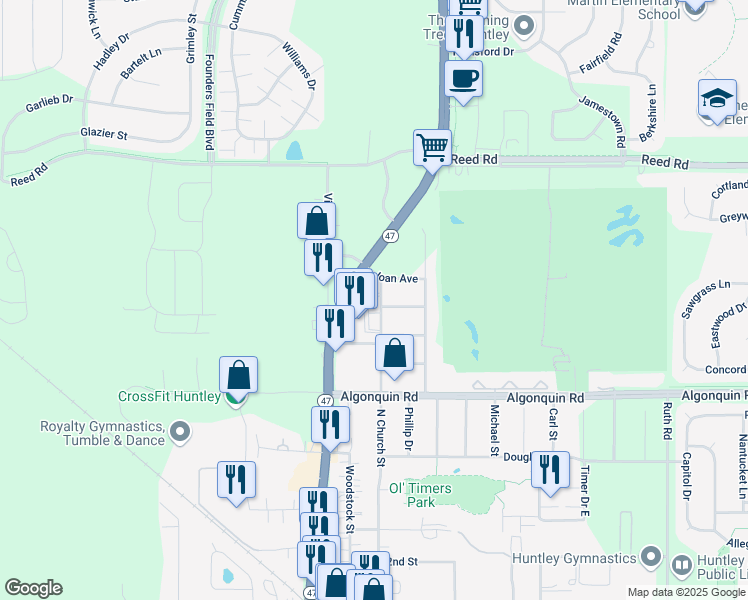 map of restaurants, bars, coffee shops, grocery stores, and more near 10403 North Church Street in Huntley