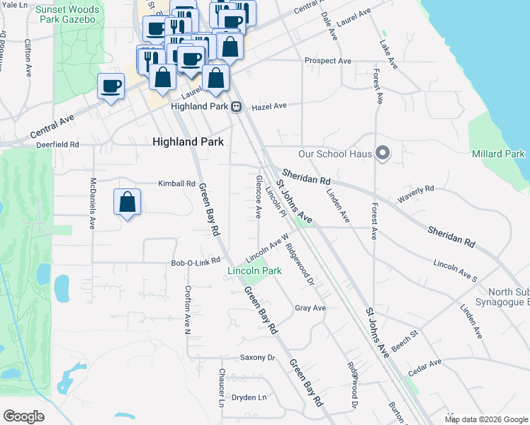 map of restaurants, bars, coffee shops, grocery stores, and more near 1438 Lincoln Place in Highland Park