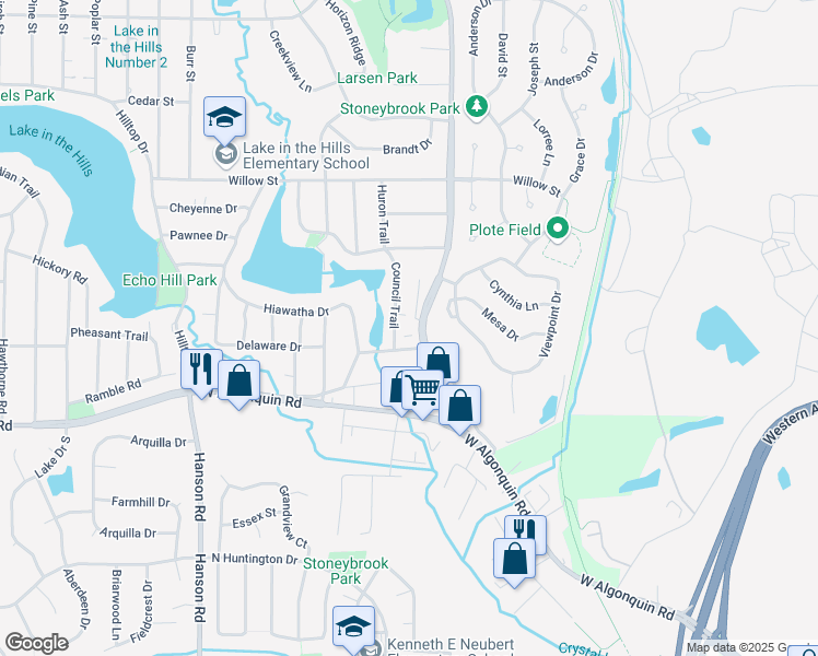 map of restaurants, bars, coffee shops, grocery stores, and more near 305 Pyott Road in Lake in the Hills