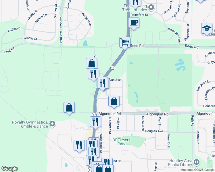 map of restaurants, bars, coffee shops, grocery stores, and more near 10403 North Church Street in Huntley