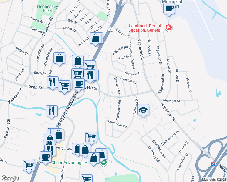 map of restaurants, bars, coffee shops, grocery stores, and more near 176 Edgehill Road in Norwood