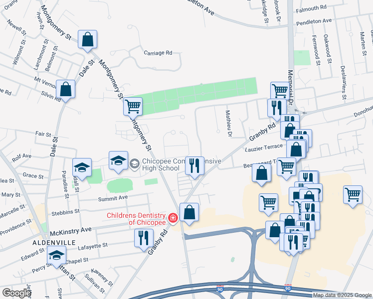 map of restaurants, bars, coffee shops, grocery stores, and more near 90 Parenteau Drive in Chicopee