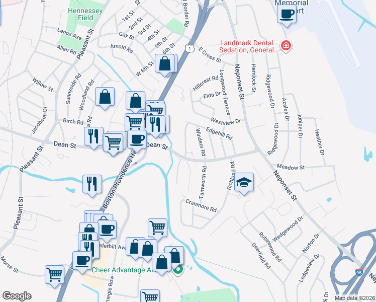 map of restaurants, bars, coffee shops, grocery stores, and more near 176 Edgehill Road in Norwood