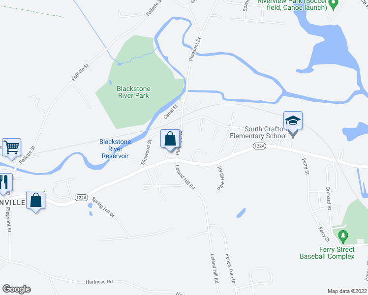 map of restaurants, bars, coffee shops, grocery stores, and more near 185 Pleasant Street in Grafton