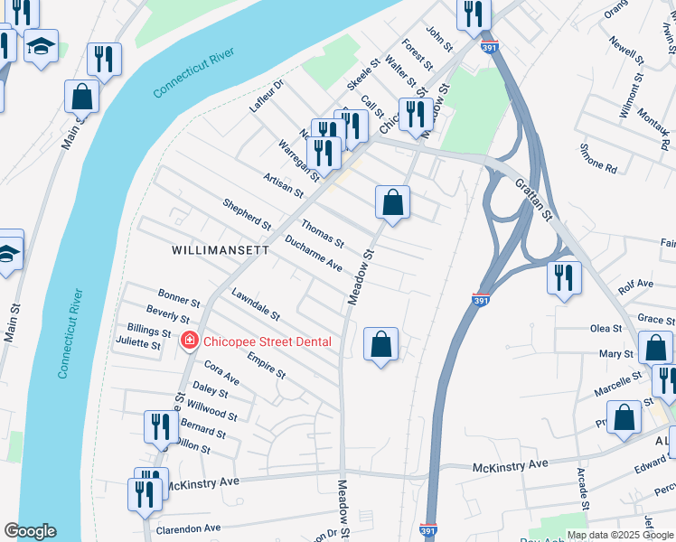 map of restaurants, bars, coffee shops, grocery stores, and more near 84 Ducharme Avenue in Chicopee