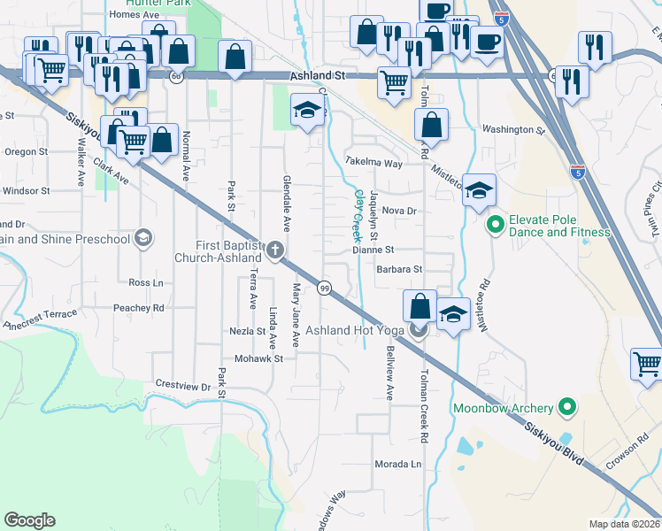 map of restaurants, bars, coffee shops, grocery stores, and more near 819 Blackberry Ln in Ashland