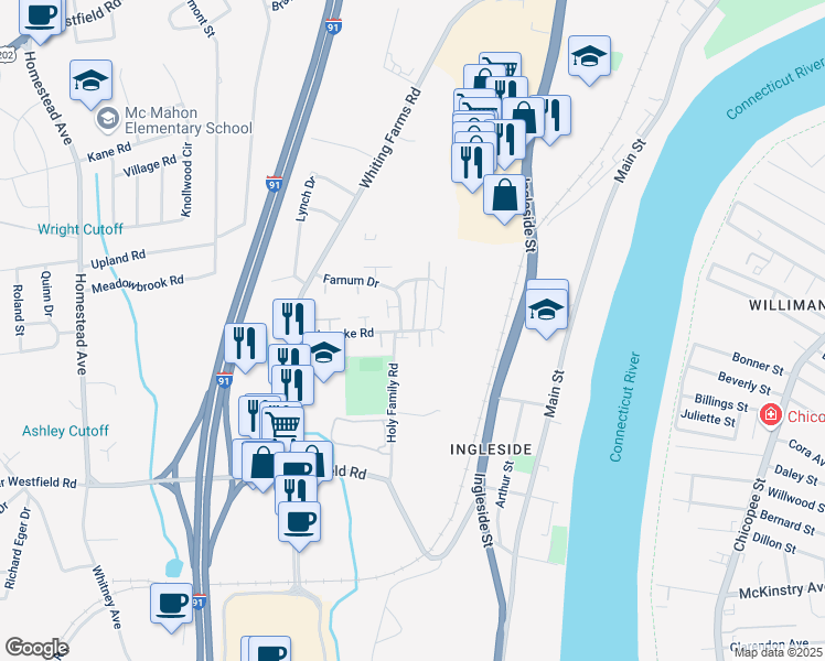 map of restaurants, bars, coffee shops, grocery stores, and more near 360 Tokeneke Road in Holyoke