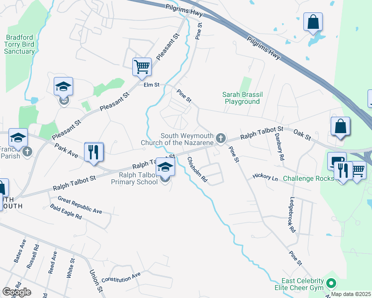 map of restaurants, bars, coffee shops, grocery stores, and more near 326 Ralph Talbot Street in Weymouth