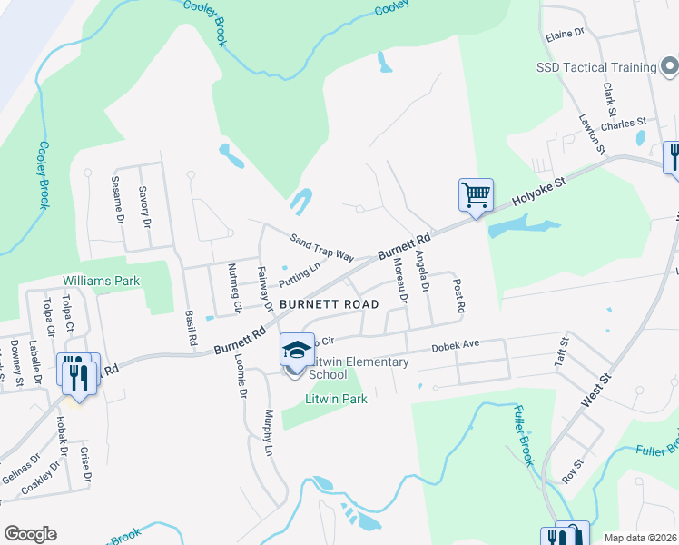 map of restaurants, bars, coffee shops, grocery stores, and more near 1154 Burnett Road in Chicopee