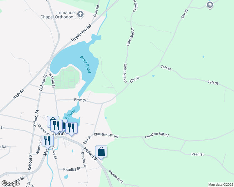 map of restaurants, bars, coffee shops, grocery stores, and more near 52 Elm Street in Upton