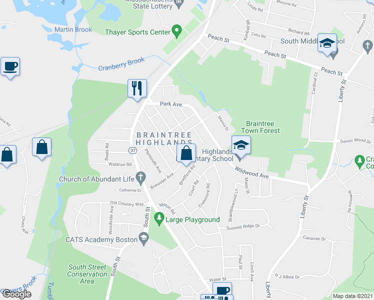map of restaurants, bars, coffee shops, grocery stores, and more near 118 Standish Avenue in Braintree
