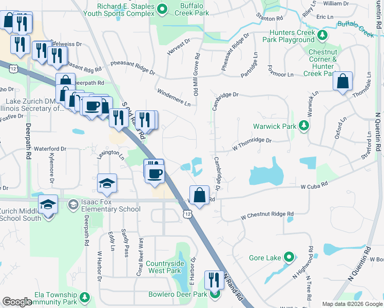 map of restaurants, bars, coffee shops, grocery stores, and more near 21725 W Thornridge Dr in Kildeer