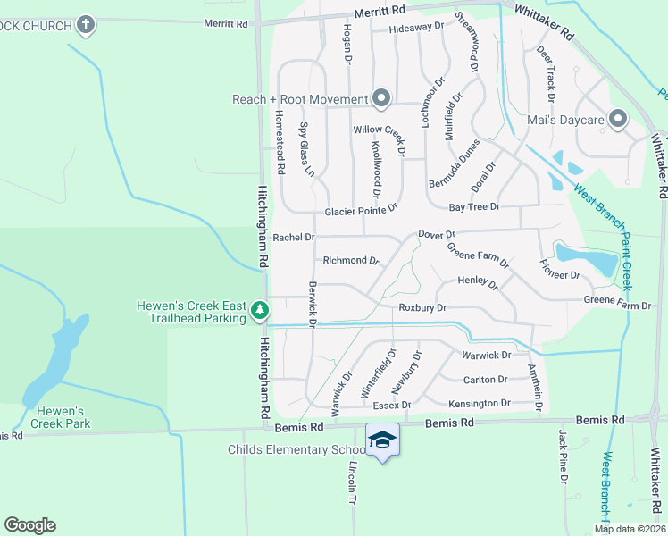map of restaurants, bars, coffee shops, grocery stores, and more near 7128 Richmond Drive in Ypsilanti