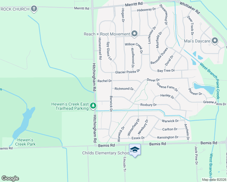 map of restaurants, bars, coffee shops, grocery stores, and more near 7128 Richmond Drive in Ypsilanti