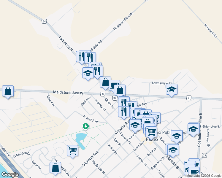 map of restaurants, bars, coffee shops, grocery stores, and more near 189 Talbot Street North in Essex