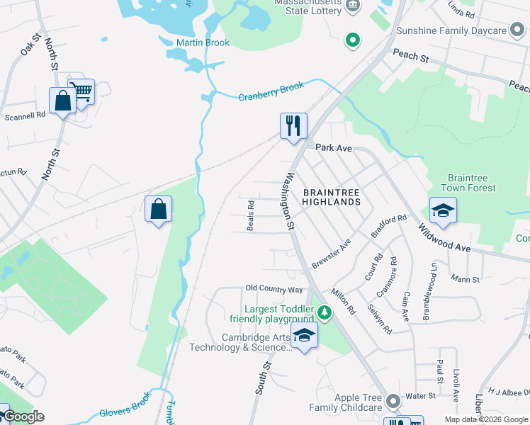 map of restaurants, bars, coffee shops, grocery stores, and more near 29 Hillview Road in Braintree