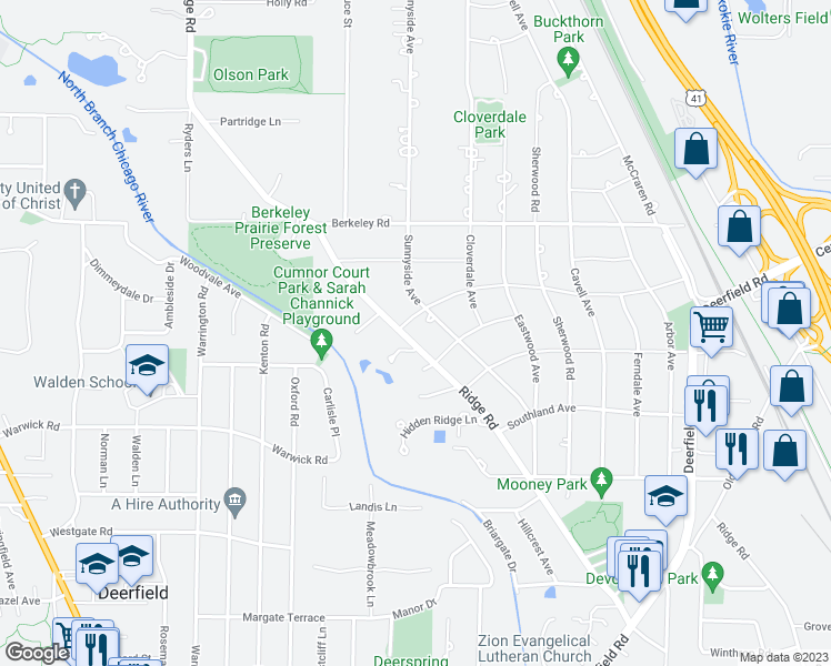 map of restaurants, bars, coffee shops, grocery stores, and more near 1415 Ridge Road in Highland Park