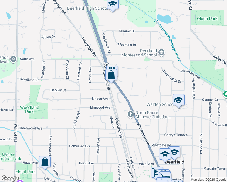 map of restaurants, bars, coffee shops, grocery stores, and more near 1442 Waukegan Road in Deerfield