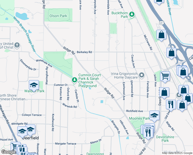 map of restaurants, bars, coffee shops, grocery stores, and more near 1415 Ridge Road in Highland Park