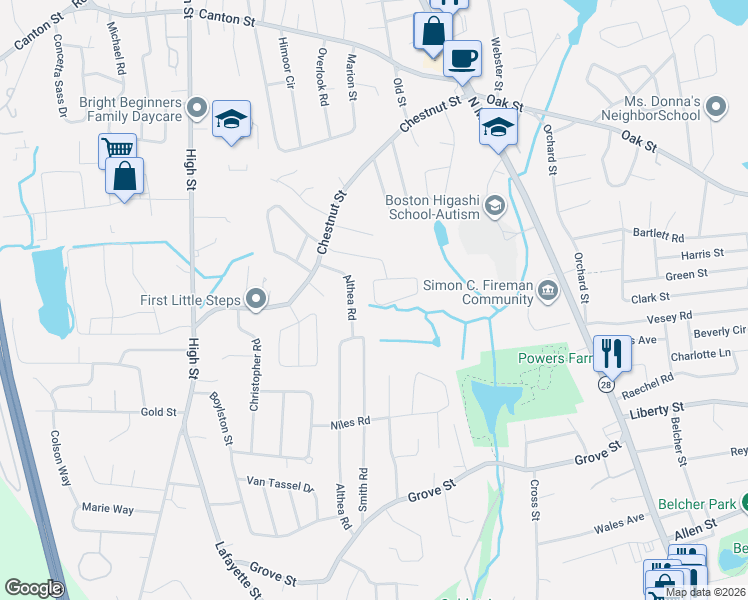 map of restaurants, bars, coffee shops, grocery stores, and more near 128 Chestnut Circle in Randolph